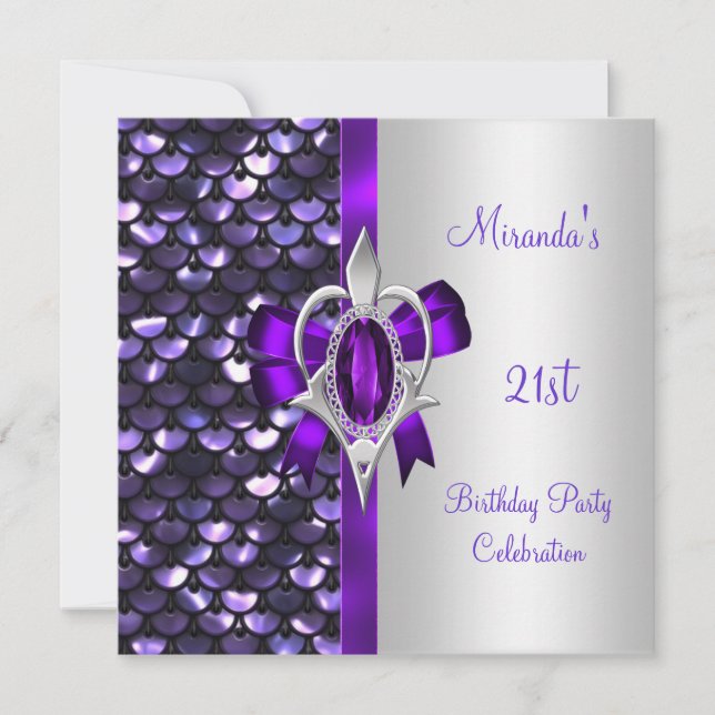 21st Birthday Silver Sequins Purple Diamond Bow Invitation (Front)