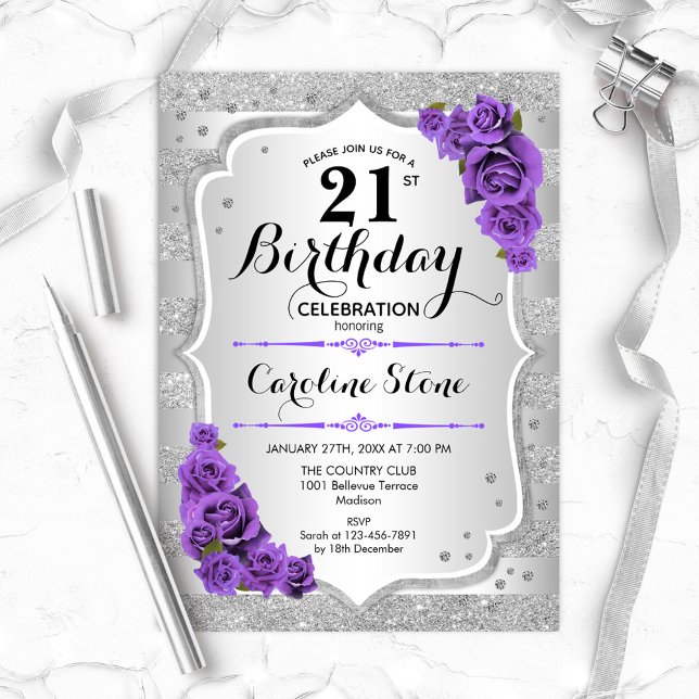 21st Birthday - Silver Stripes Purple Roses Invitation (Creator Uploaded)