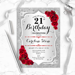 21st Birthday - Silver Stripes Red Roses Invitation