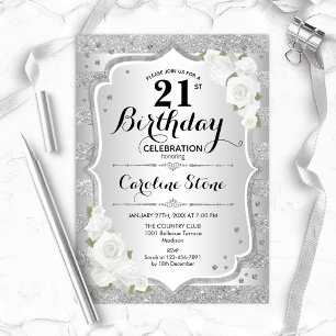 21st Birthday - Silver Stripes White Roses Invitation