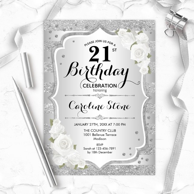 21st Birthday - Silver Stripes White Roses Invitation (Creator Uploaded)