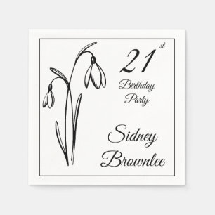 21st Birthday Snowdrop Floral Black And White Napkin