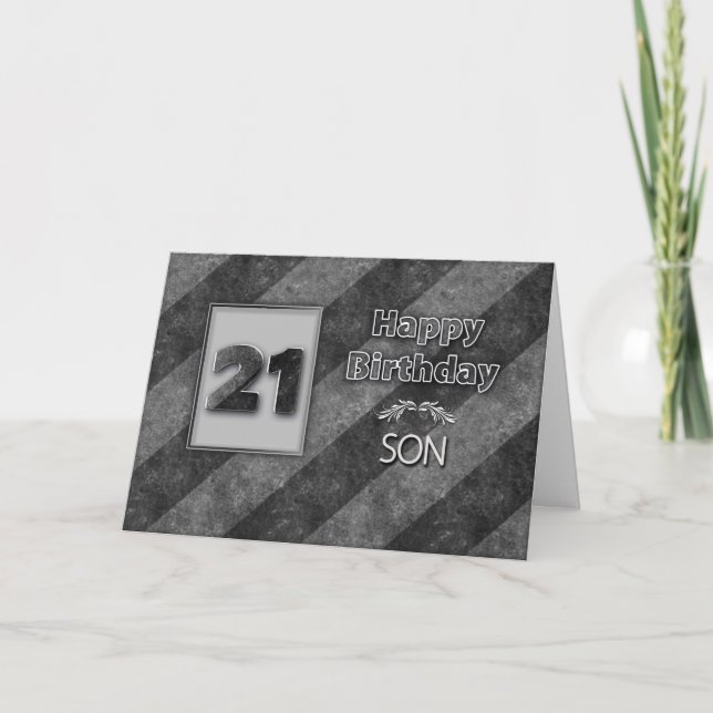 21st  BIRTHDAY, Son, Grunge Gray Stripes Card (Front)