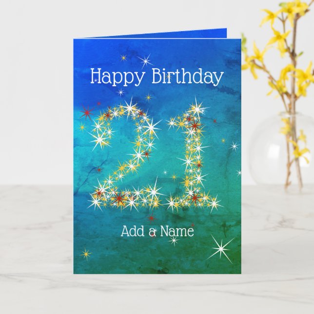 21st Birthday - Star Number - Blue Green - Age 21 Card (Yellow Flower)