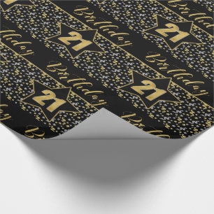 21st Birthday Star on Black with Silver Gold Wrapping Paper