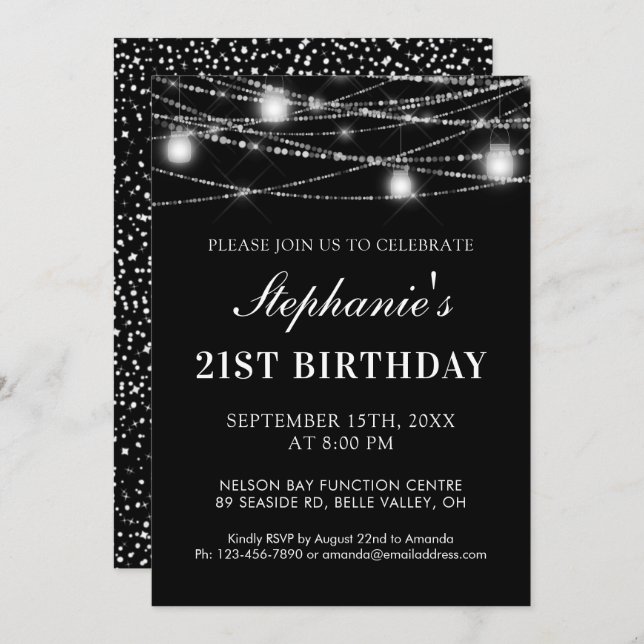 21st Birthday String Lights Jars Black White Invitation (Front/Back)