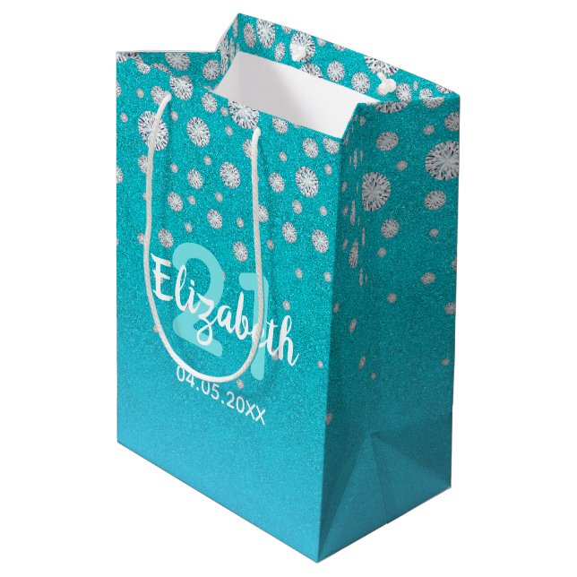 21st birthday teal blue green glitter nam diamond medium gift bag (Back Angled)