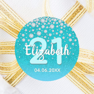 21st birthday teal blue green glitter name diamond classic round sticker