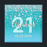 21st birthday teal blue green glitter name diamond magnet<br><div class="desc">An elegant, glamourous and girly 21st birthday party button. Teal, blue green coloured faux glitter with faux diamond sprinkle and a golden frame. Templates for a name, age 21 and a date. Date of birth or the date of the party/anniversary. White and teal coloured letters. The name is written with...</div>
