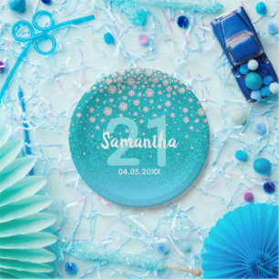 21st birthday teal blue green glitter name paper plate