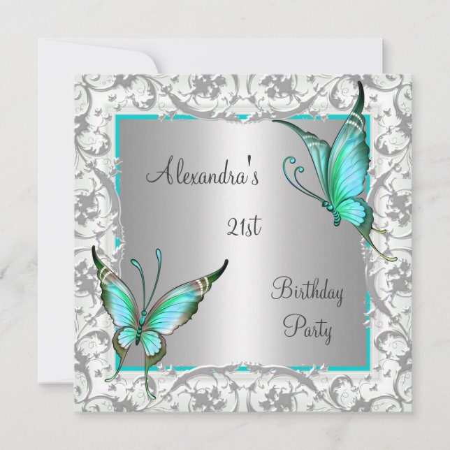 21st Birthday Teal Floral Butterfly Silver White Invitation (Front)