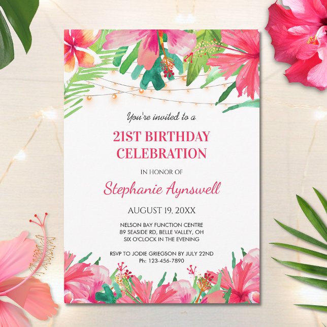 21st Birthday Tropical String Lights Hawaiian Invitation (Creator Uploaded)