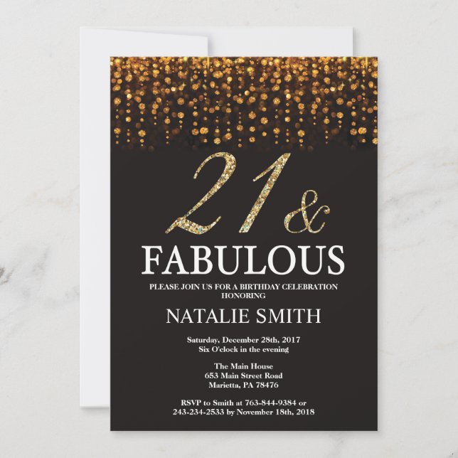 21st Birthday Twenty one and Fabulous Gold Glitter Invitation (Front)
