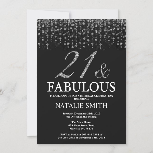 21st Birthday Twenty one and Fabulous Silver Invitation (Front)