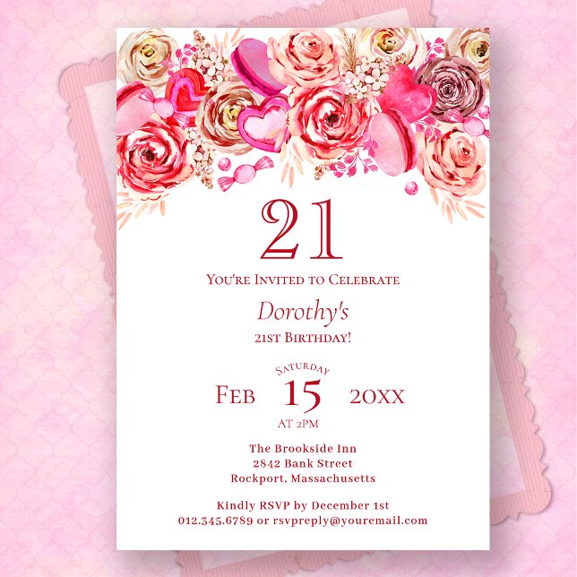 21st Birthday Valentine Pink Rose Swirly Heart Invitation (Creator Uploaded)