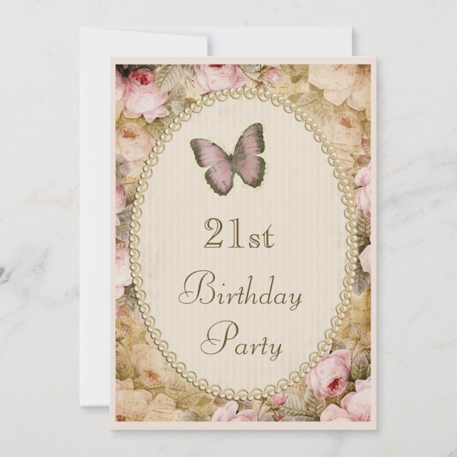 21st Birthday Vintage Roses Butterfly, Music Notes Invitation (Front)