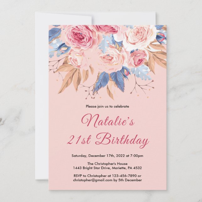 21st Birthday Watercolor Botanical Pink Floral Invitation (Front)