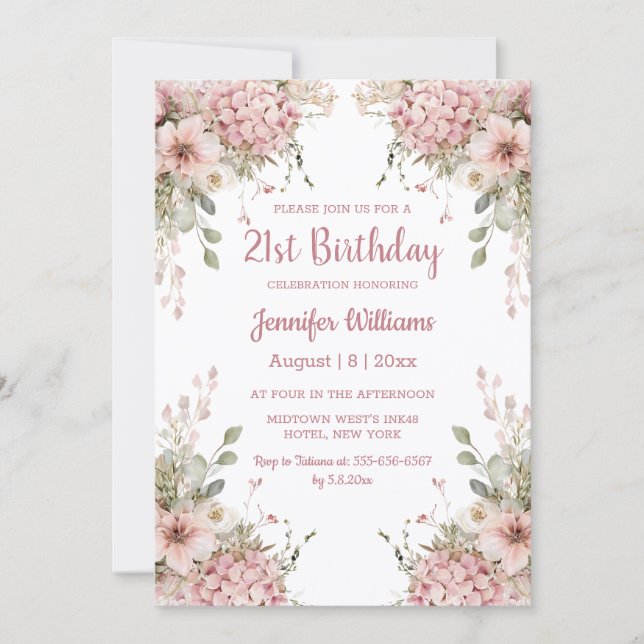  21st birthday watercolor pink floral garden  invitation (Front)