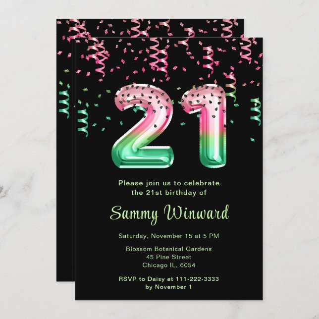 21st Birthday Watermelon Balloons with Confetti Invitation (Front/Back)
