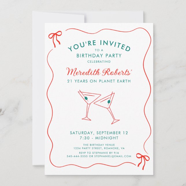 21st Birthday Wavy Border with Bows Party Invitation (Front)