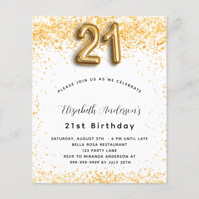 21st birthday white gold glitter budgetinvitation flyer (Front)