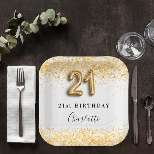 21st birthday white gold glitter name paper plate