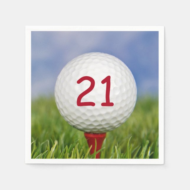 21st birthday white golf ball on red tee napkin (Front)