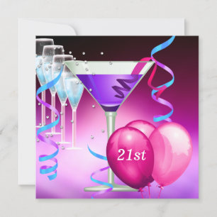 21st Birthday White Pink Purple Martini Balloons Invitation