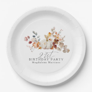 21st Birthday White Pumpkin Fall Flowers Custom Paper Plate