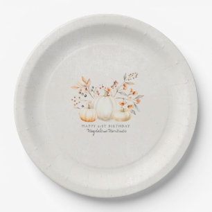 21st Birthday White Pumpkin Fall Leaves Custom Paper Plate