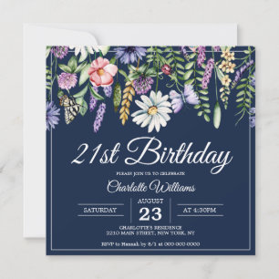 21st Birthday Wildflowers Navy Blue Woman Elegant Invitation