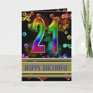 21st Birthday with rainbow bubbles and fireworks Card