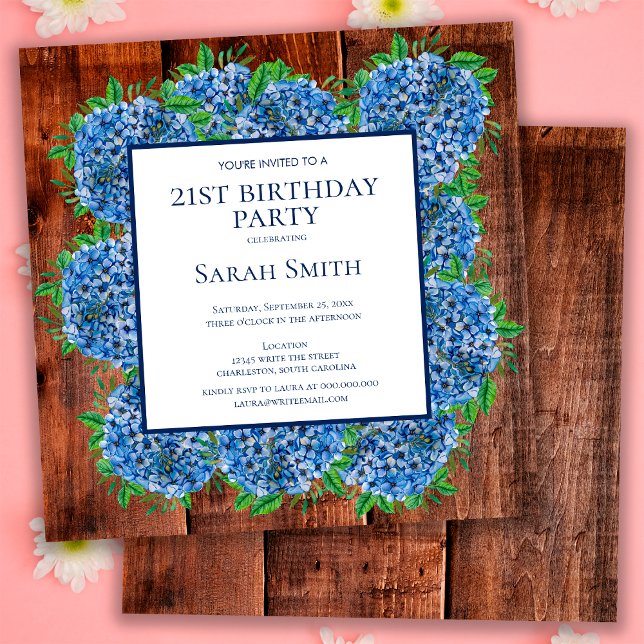 21st Birthday Wood Blue Hydrangeas Rustic Party Invitation (Creator Uploaded)