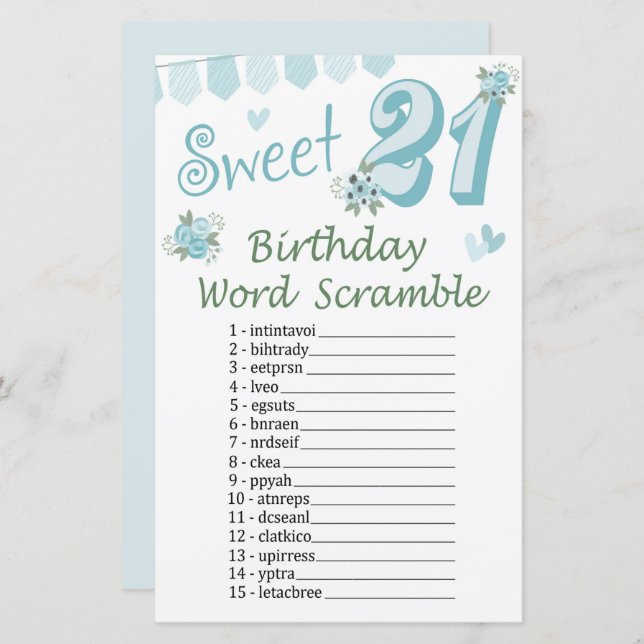 21st Birthday Word Scramble Game (Front/Back)