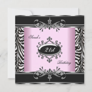 21st Birthday Zebra Black White Pink Silver Invitation