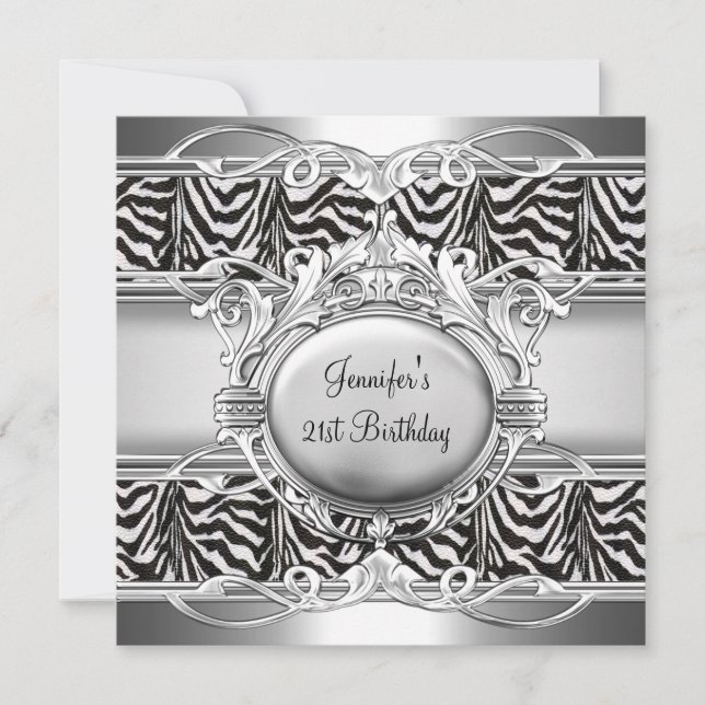 21st Birthday Zebra Black White Silver Plaque Invitation (Front)