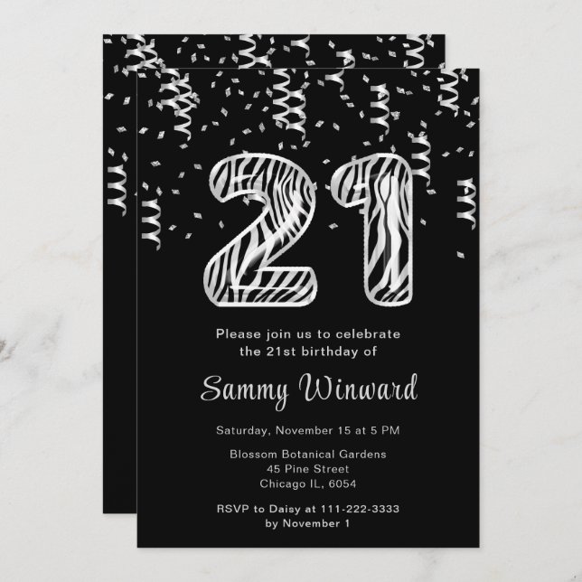 21st Birthday Zebra Print Balloons with Confetti Invitation (Front/Back)