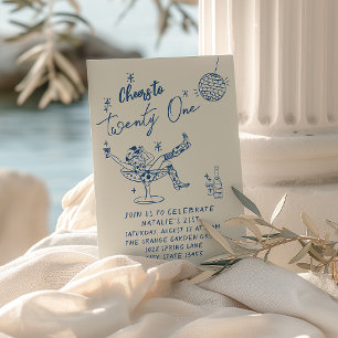 21st Blue Hand Drawn Cowgirl Coastal Fun Birthday Invitation