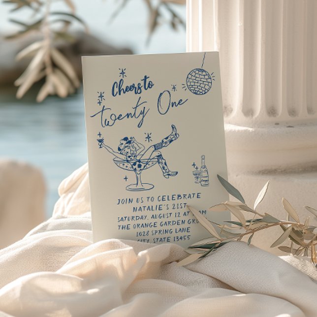 21st Blue Hand Drawn Cowgirl Coastal Fun Birthday Invitation (Creator Uploaded)