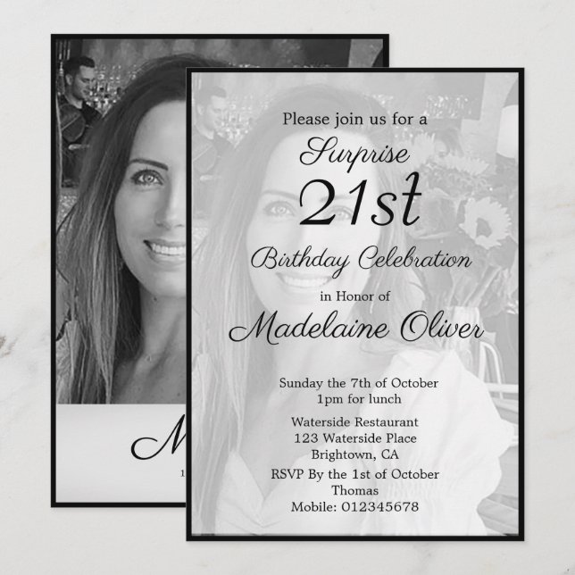 21st Classy Monogram Black White Photo Birthday Invitation (Front/Back)