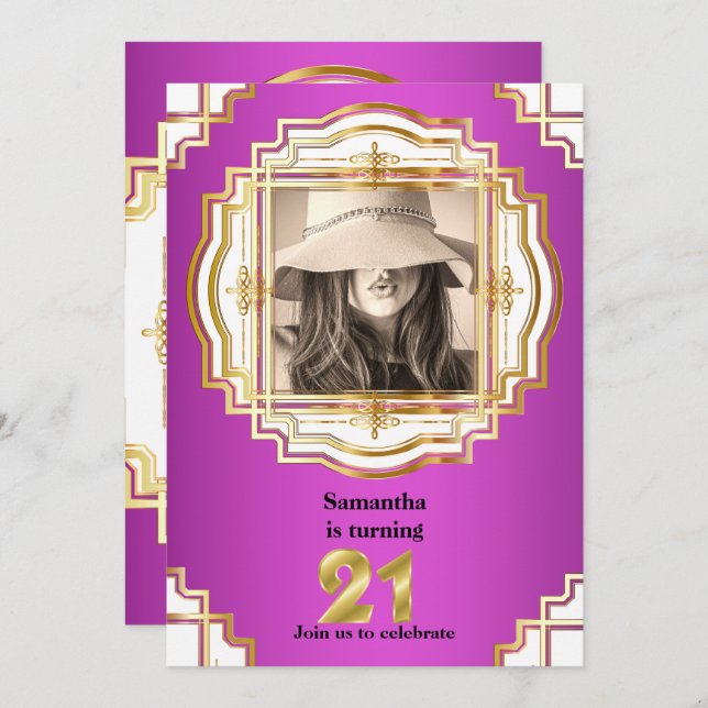 21st elegant gold white pink photo frame party invitation (Front/Back)