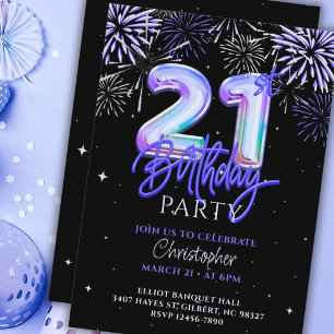 21st for Him Blue Fireworks Foil Balloon Birthday  Invitation