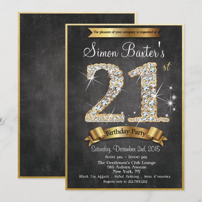 21st Gold Diamond Chalkboard Birthday Invitation (Front/Back)