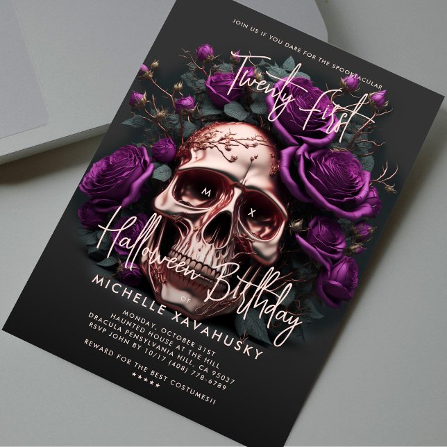 21st Halloween Birthday Skull Purple Roses Invitation (21st Halloween Birthday Skull Purple Roses Invitation
)