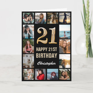 21st Happy Birthday Black and Gold Photo Collage Card