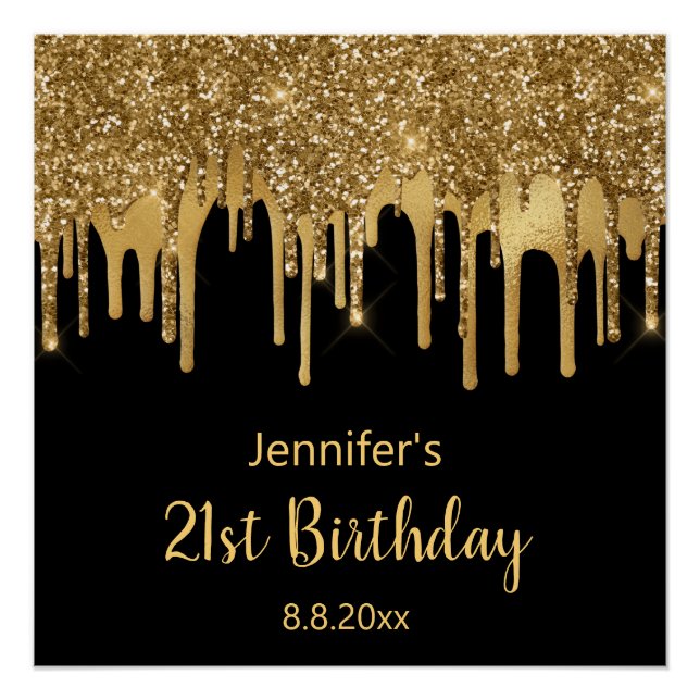 21st happy birthday black gold glitters stylish  poster (Front)