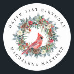 21st Happy Birthday Cardinal Wreath Custom Classic Round Sticker<br><div class="desc">Add a special touch to your envelopes or favors. A red cardinal is nestled in a traditional pine wreath decorated with berries,  pinecones and flowers. All text is editable.</div>
