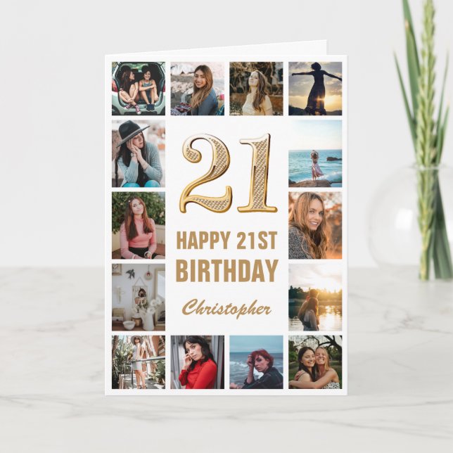 21st Happy Birthday Gold and White Photo Collage Card (Front)