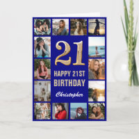 21st Happy Birthday Navy Blue & Gold Photo Collage