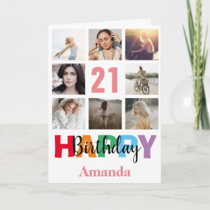 21st Happy Birthday Photo Collage Modern Pink Card